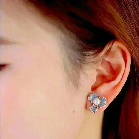 Enamel With Freshwater Pearl Iris Earrings - Picture 9 of 9